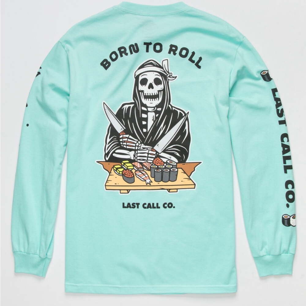 Last Call Co. Born To Roll T-Shirt Cotton Long Sleeve Aqua Blue Men Size Medium
